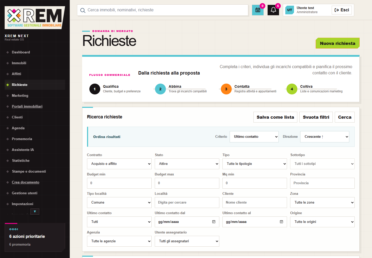Schermata XREM: ricerca richieste con filtri per contratto, budget, località e cliente.